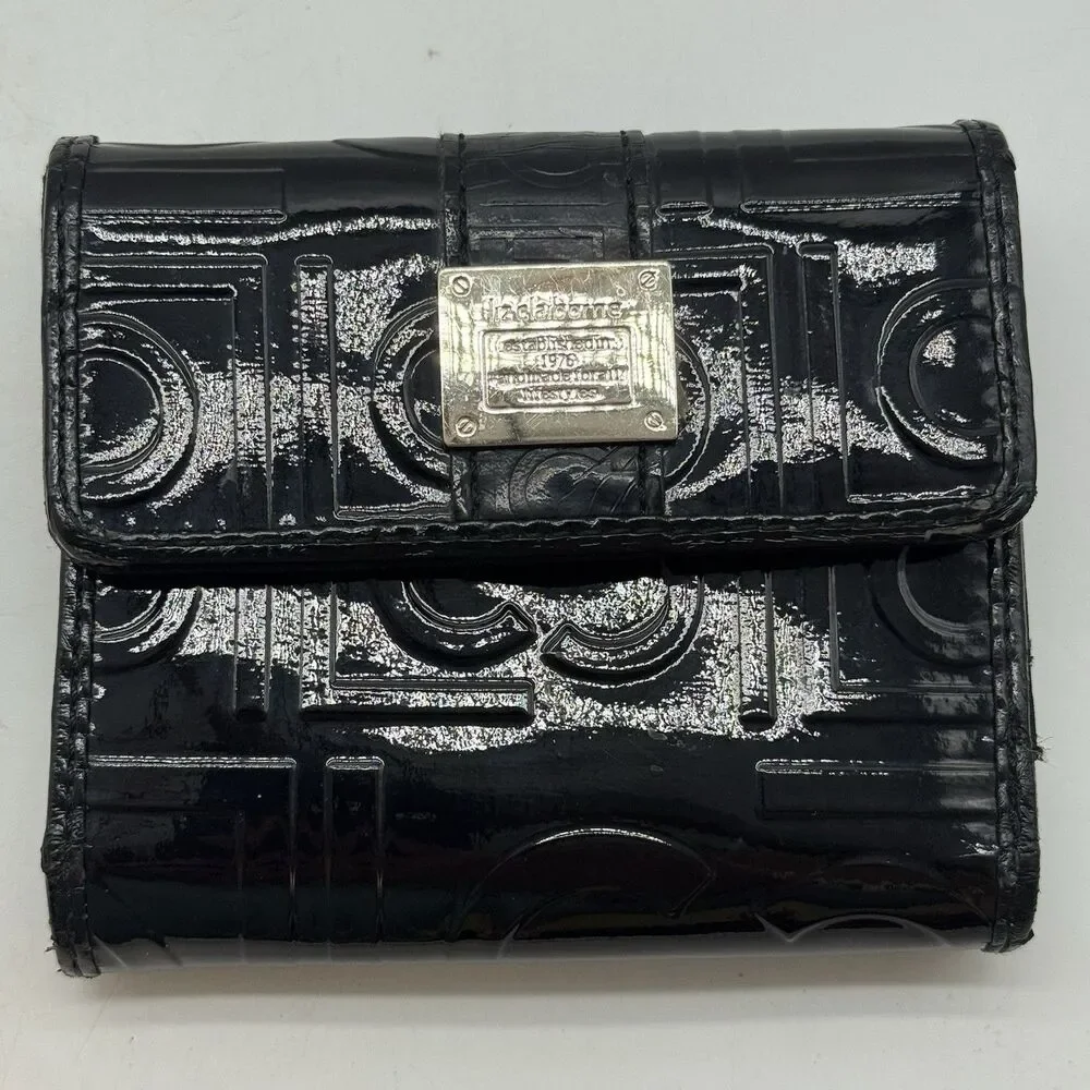 Liz Claiborne Black Patent Leather Trifold Logo Wallet ID CC Cash Coin Organizer
